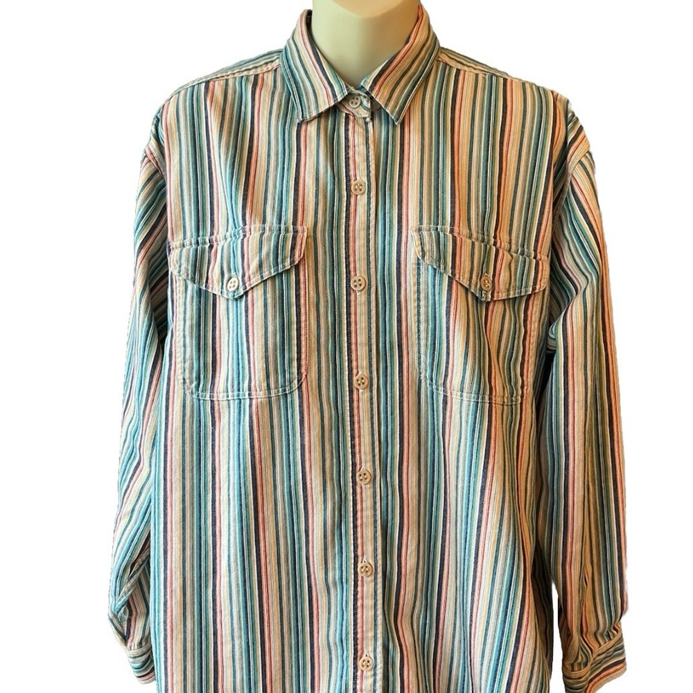 VINTAGE WOMENS DOCKER 100% COTTON BUTTON UP LONG SLEEVE STRIPED SHIRT SIZE MED